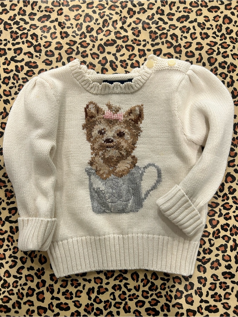 Ralph Lauren Cream Knit Sweater with Yorkie Motif 9 Months